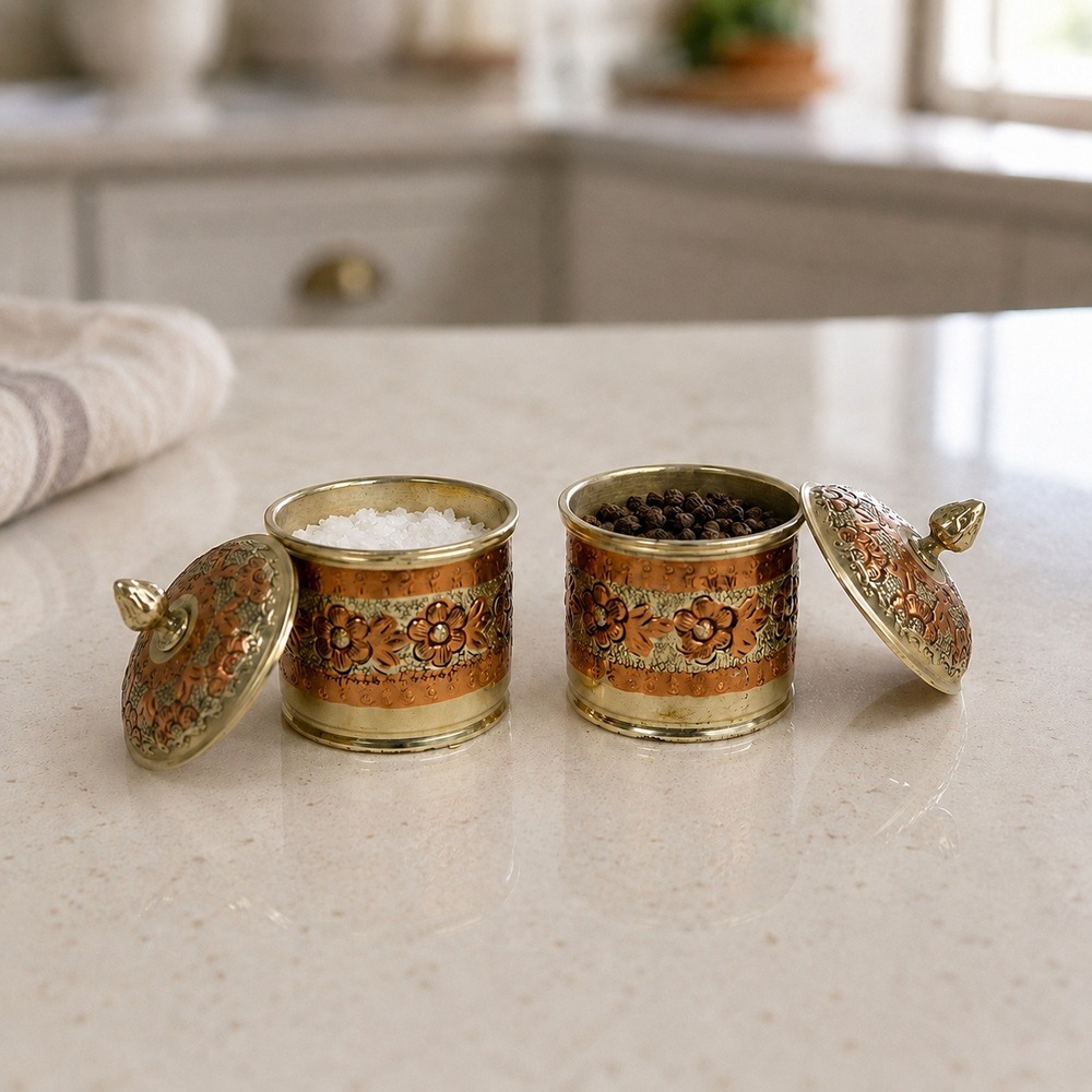 Vintage Mixed Metal Floral Trinket Boxes Set of 2 Copper Silver Tone Canisters
